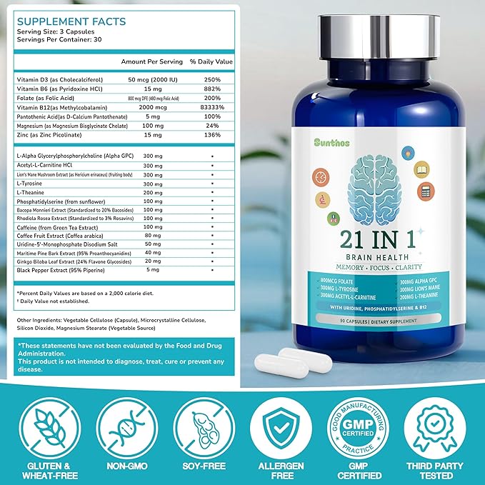 Brain Supplements for Memory and Focus, 21-in-1 Brain Supplement for Mental Alertness, Cognitive with 300mg Alpha-GPC, 300mg Lion’s Mane, L-Theanine, Phosphatidylserine, Vitamins B6 B12, 90 Capsules