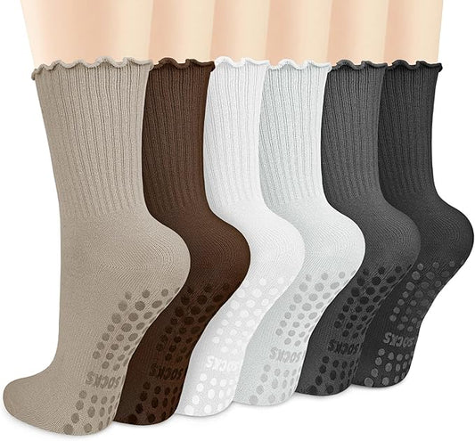 Justay 6 Pairs Womens Pilates Socks with Grips Crew Non Slip Ruffle Cotton for Athletic Workout Barre Hospital Yoga Socks