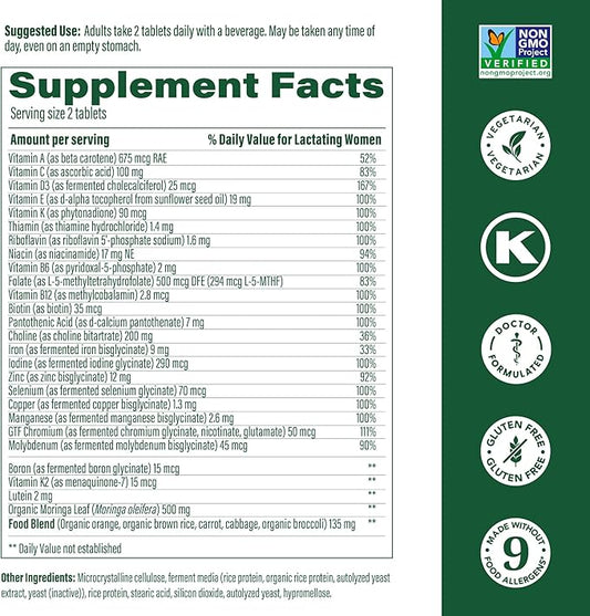 MegaFood Baby & Me 2 Postnatal Vitamins for Women Breastfeeding with Folate (Folic Acid Natural Form), Choline, Iodine, Vitamin D, Moringa Leaf and More - 120 Tabs (60 Servings)