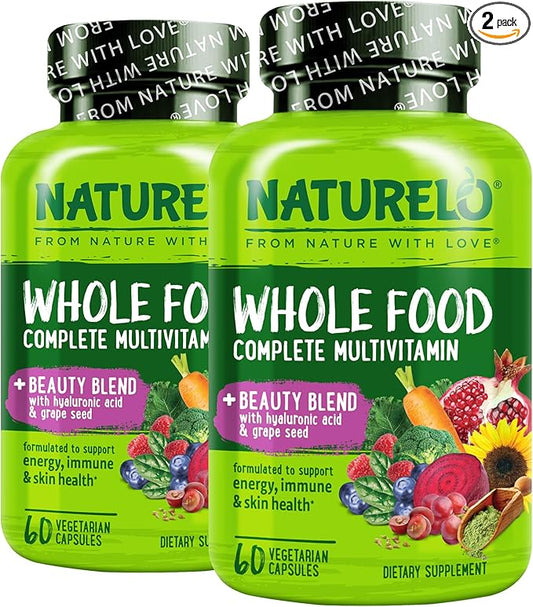 NATURELO Whole Food Multivitamin with Extra Hair, Skin & Nails Support - Beauty Blend with Hyaluronic Acid & Grape Seed - High Potency Biotin, Vitamin C, & Glutathione, 60 Vegan Capsules (Pack of 2)