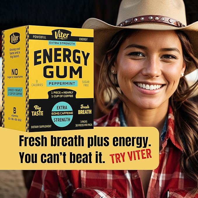 Viter Energy 60mg Caffeine Gum (Peppermint Flavor, 30 Pieces, 3 Pack) - Sugar Free, Vitamin B3, B6, B9, B12, Zero Calories, Caffeinated Energy Chews, Nootropic Focus Supplement for Men & Women