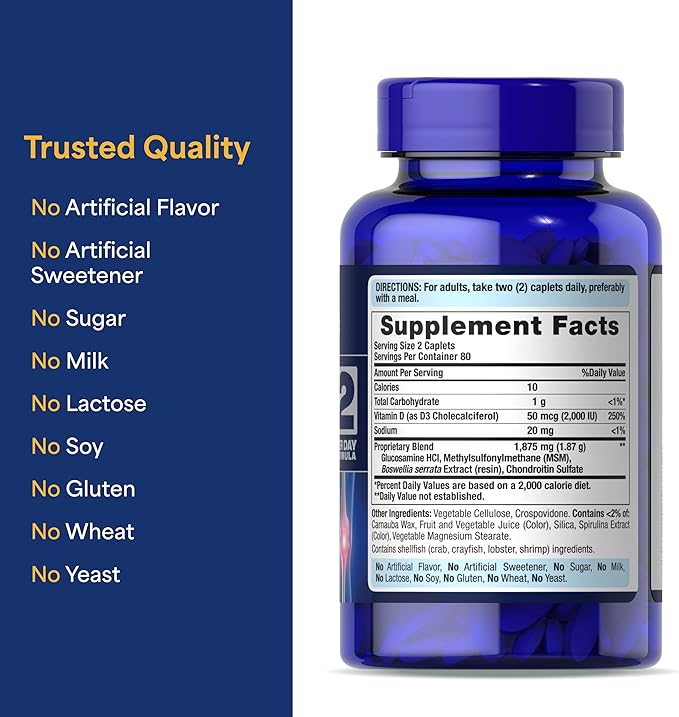 Puritan's Pride Advanced Glucosamine Chondroitin MSM with Vitamin D3 50mcg (2000 IU), Dietary Supplement for Joint Health, 80 Servings, 160 Coated Tablets
