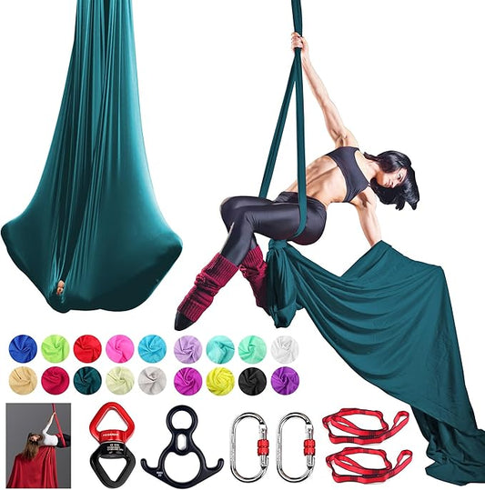Aerial Silk Set, Premium 9Yards/8.2m Medium Stretch Fabric Silks, Perfect for AntiGravity Hammock Yoga Training & Dance Circus Performances Includes Hardwares & Daisy Chains