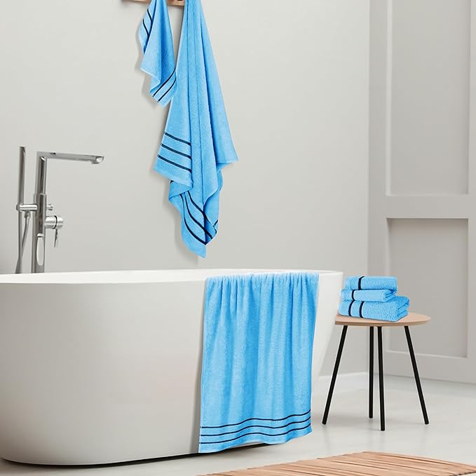 MyOwn Ultra Soft 6 Pack Cotton Towel Set, Contains 2 Bath Towels 28x55 inch, 2 Hand Towels 16x24 inch & 2 Wash Coths 12x12 inch, Ideal Everyday use, Compact & Lightweight - Sky Blue, 71640