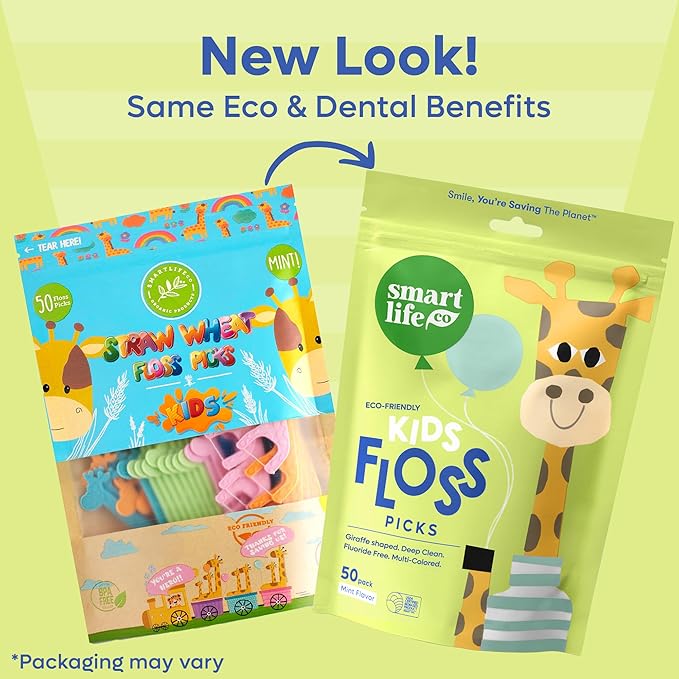 SmartLifeco Eco-Friendly Kids Flossers (100ct) - The Original Straw Wheat Dental Floss Picks for Children, Fluoride & PFA Free, Toothpick Flossing Sticks for Toddlers Teeth, No Shred Thread, Mint
