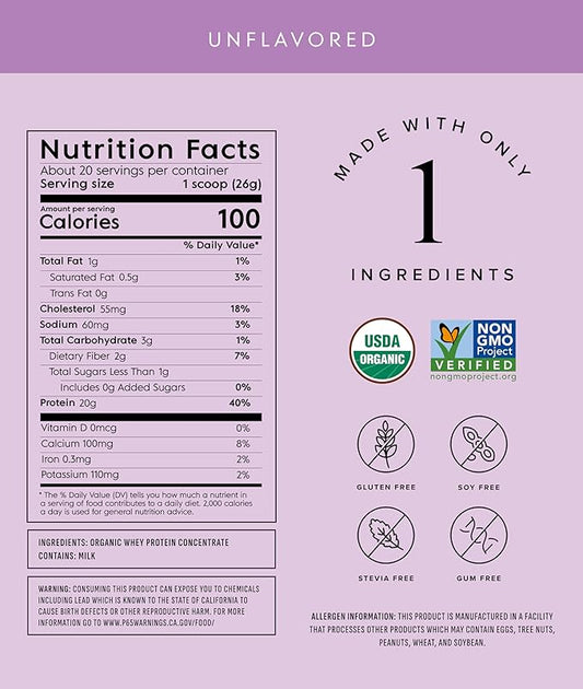Truvani Organic Whey Protein Powder | Unflavored | 20g Grass Fed Whey Protein | 20 Servings | USDA Organic & Non-GMO | Gluten Free | No Gums, No Soy, No Stevia, No Added Sugars