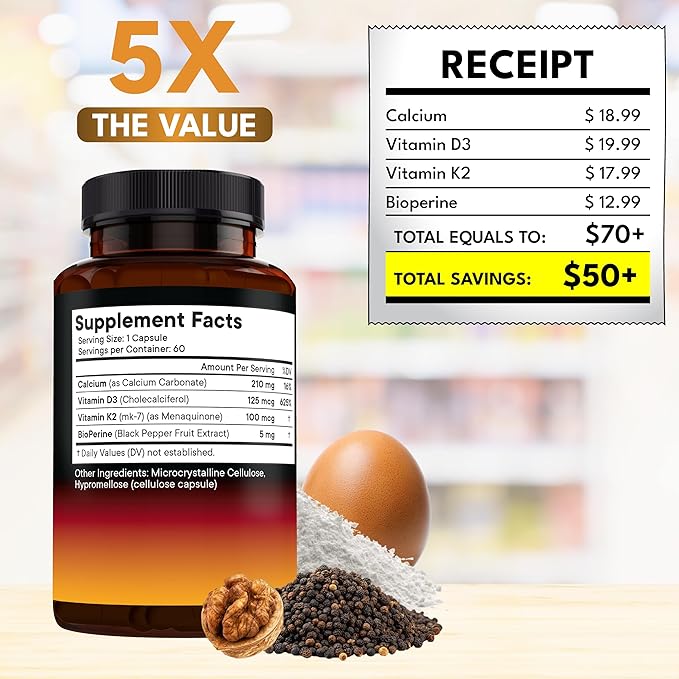 Vitamin D3 5,000 IU + K2 MK-7 100 mcg - 2-in-1 Bone, Immune & Heart Support, Easy to Swallow, Non-GMO - 120 Capsules