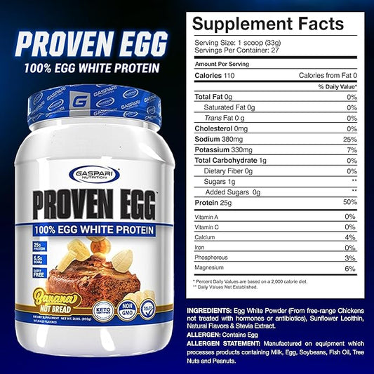 Gaspari Nutrition Proven Egg, 100% Egg White Protein, 25g Protein, Keto Friendly, Dairy and Lactose Free, Soy Free (2 lbs, Banana Nut Bread)