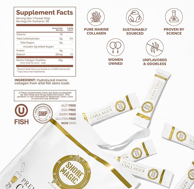 Shore Magic Premium Marine Collagen Powder – Hydrolyzed Type I, II, III & IV Peptides for Skin, Hair, Nails & Joints – Wild-Caught Fish, Kosher, Unflavored, Travel Friendly, 28 Daily Packets