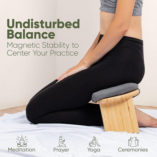 Meditation Chair w/ Extra Thick Cushion - Portable Bamboo Meditation Bench w/ Magnetic Locking Hinge - Anterior Tilt Seiza Bench Ideal for Comfortable & Stable Meditation - Sleek Canvas Kneeling Chair