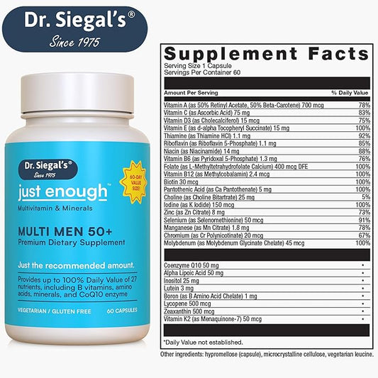 Dr. Siegal's Just Enough Multivitamins for Men 50 Plus - 60 Capsules - 60 Servings of Mens Multivitamins 50 Plus Capsules - Men's Daily Supplements for Men - Multivitamins for Men Over 50