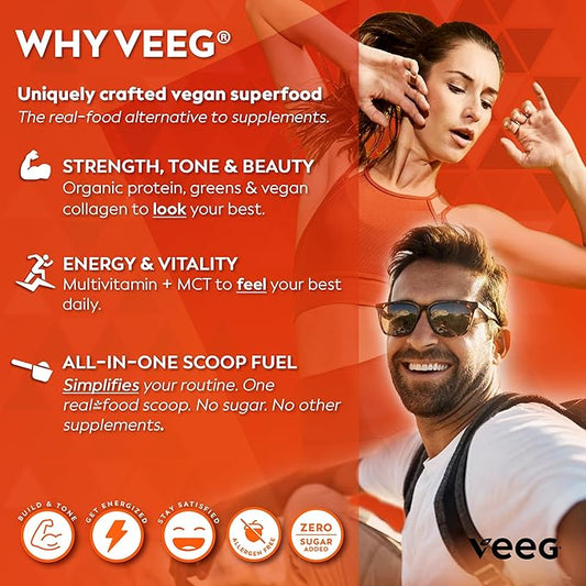 Veeg All-in-One Protein Smoothie Powder – Vegan Protein, Organic Greens, MCT, Probiotics & Multivitamin. Simplified Daily Nutrition for Strength, Energy, Vitality & Gut Health.15 Servings (Chocolate)