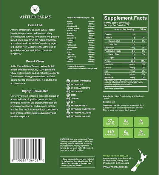 Antler Farms - 100% Grass Fed New Zealand Whey Protein Isolate, Unflavored, 2 lbs - Pure and Clean, 2 Ingredients, Delicious, Cold Processed