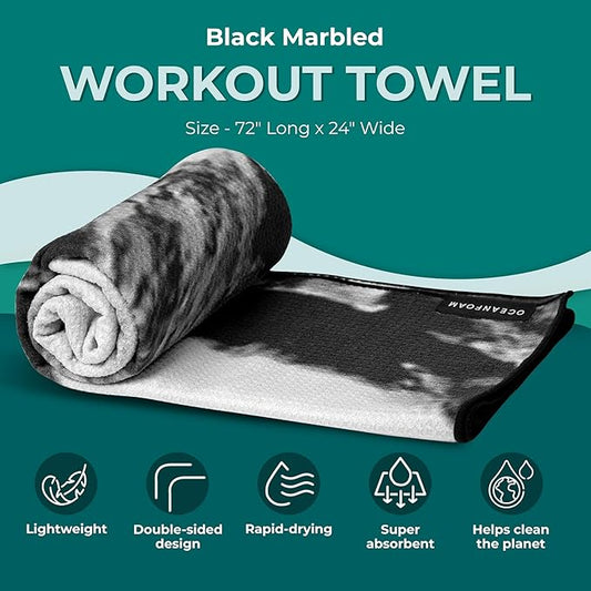 Oceanfoam Beach Towel – Lightweight, Absorbent, Quick-Drying, Sand-Resistant, Non-Slip – Ideal for Workouts, Yoga, Pilates, Beach, Pool, Boat & Travel – 25% Recycled – 72"x24" (Black Marbled)