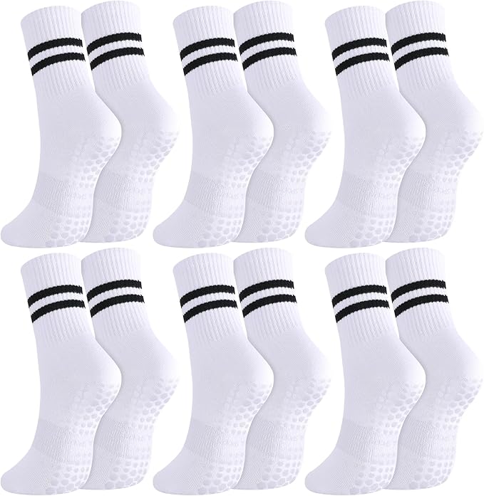 Jspupifip 6 Pairs Grip Pilates Socks Women, Non Slip Yoga Stripe Grippy Crew Breathable Cotton Socks for Ballet Dance