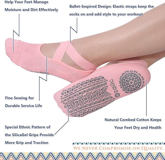 Ozaiic Yoga Socks for Women Non-Slip Grips & Straps, Ideal for Pilates, Pure Barre, Ballet, Dance, Barefoot Workout