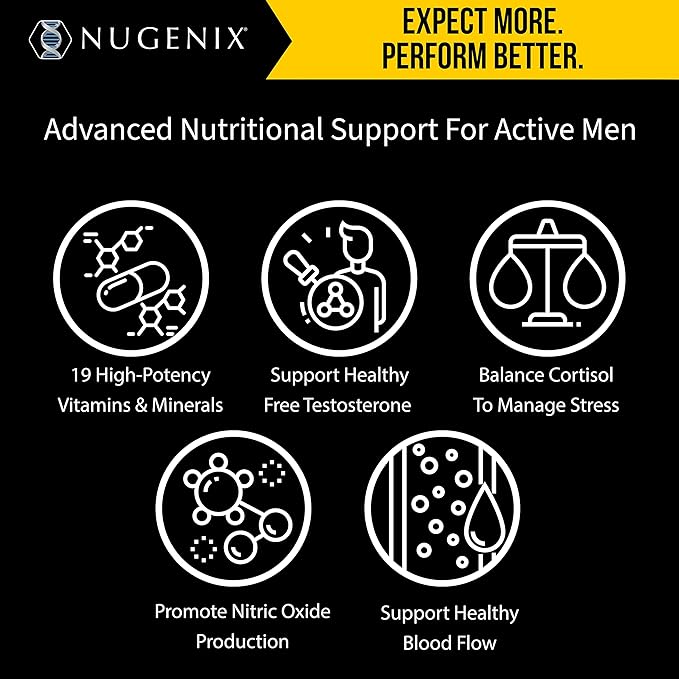 Nugenix Men's Daily Testosterone Multivitamin for Men - 19 Vitamins and Minerals, Supports Free Testosterone, 60 Tablets