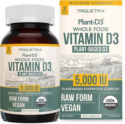 Organic Vitamin D3 5,000 IU - 100% Whole Food & Plant-Based Cholecalciferol Form, 100% Vegan Vitamin D - Enhanced with Prebiotic & Superfood Complex – Organic, Vegan, GMO & Gluten Free (60 Capsules)
