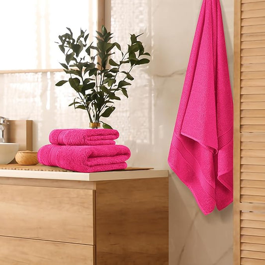 Belizzi Home Ultra Soft 3 Pack Cotton Towel Set, Contains a Bath Towel 28x55 inch, a Hand Towel 16x24 inch & a Wash Coth 12x12 inch, Ideal Everyday use, Compact & Lightweight - Hot Pink