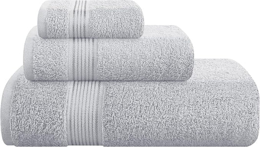 Belizzi Home Ultra Soft 3 Pack Cotton Towel Set, Contains a Bath Towel 28x55 inch, a Hand Towel 16x24 inch & a Wash Coth 12x12 inch, Ideal Everyday use, Compact & Lightweight - Light Grey