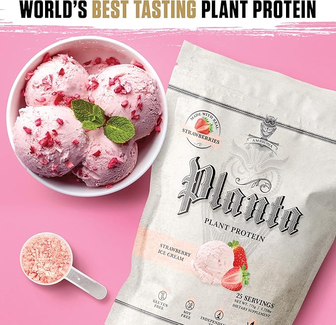 Ambrosia Planta - Premium Plant-Based Protein | Vegan & Keto Friendly | Gourmet Flavors | No Bloating or Stomach Upset | Gluten & Soy Free | No Added Sugar | 25 Servings | Strawberry Ice Cream