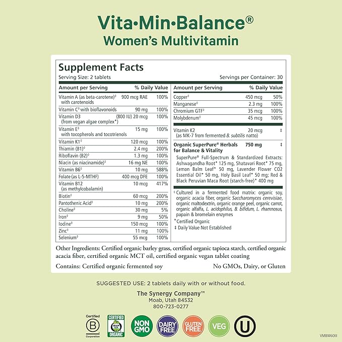 PURE SYNERGY Vita·Min·Balance | Multivitamin for Women with Iron | Women’s Daily Multivitamin Made with Organic Whole Foods | for Balanced Energy and Stress Support (60 Tablets)