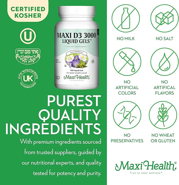 Maxi Health Vitamin D3 3000 IU 75 mcg Vitamin D Supplement for Healthy Bones, Teeth, Immune Support - VIT D3 Supplement Easy to Swallow Non-GMO, Supplement for Men and Women – Kosher 180 Gels