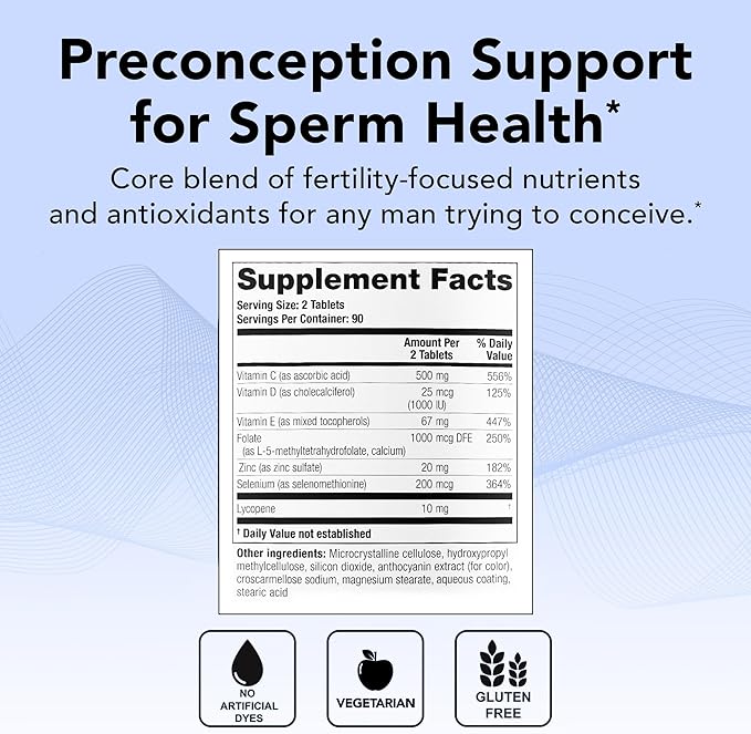 Theralogix ConceptionXR Reproductive Health For Men, Men's Preconception Vitamins for Fertility Support, Male Fertility Supplements for Sperm Health, NSF Certified - 180 Tabs (90-Day Supply), Unflavor