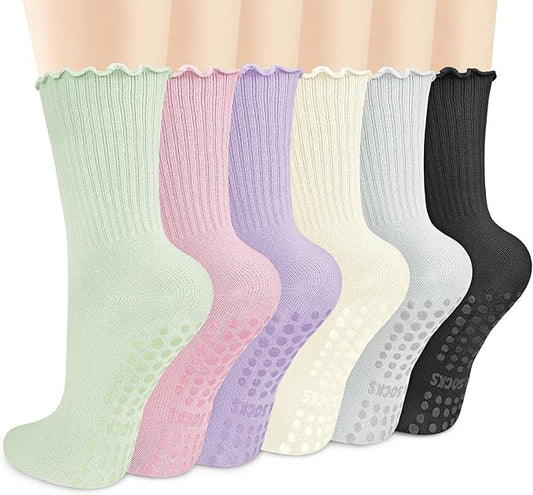 Justay 6 Pairs Womens Pilates Socks with Grips Crew Non Slip Ruffle Cotton for Athletic Workout Barre Hospital Yoga Socks
