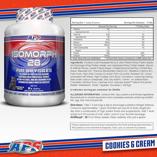 APS Nutrition Isomorph 28 Protein Powder | Pure Whey Isolate | Cold Pressed, Ultra- Filtered, & Ion Exchange Isolates | 28g Protein | 5 Pound (Cookies & Cream)