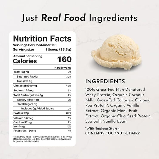 JUST INGREDIENTS French Vanilla Protein Powder – 30 Serving Bag – Grass-Fed Whey & Plant Protein Blend with Real Vanilla Bean – Sweetened with Coconut Sugar & Monk Fruit, Non-GMO, Gluten-Free