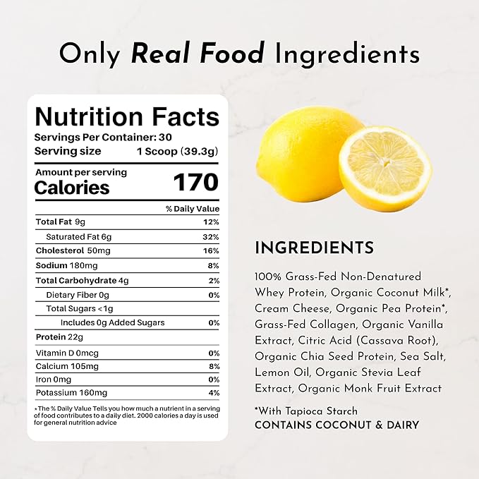 JUST INGREDIENTS Lemon Swish Protein Powder - Grass-Fed Whey, Lemon Flavor - 1.44 lb,