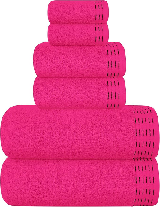 Ultra Soft 6 Pack Cotton Towel Set, Contains 2 Bath Towels 28x55 inch, 2 Hand Towels 16x24 inch & 2 Wash Coths 12x12 inch, Ideal Everyday use, Compact & Lightweight - Hot Pink