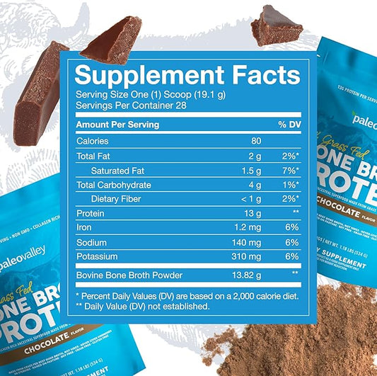 Paleovalley 100% Grass Fed Beef Bone Broth Protein Powder - Rich in Collagen Peptides for Hair, Skin, Gut Health, Bone and Joint Support - 15g Protein Per Serving - No Gluten or GMOs - Chocolate
