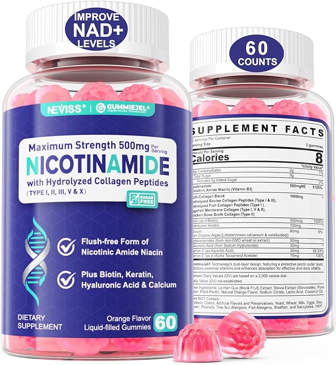 Nicotinamide 500mg Gummies, Niacinamide Supplement with Collagen Peptides, (Flush Free Niacin) Vitamin B3 Niacinamide for Anti-Aging, NAD+ Levels, Longevity, Focus & Brain, Sugar Free, 60Cts