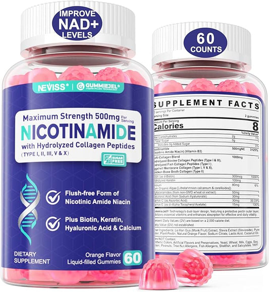 Nicotinamide 500mg Gummies, Niacinamide Supplement with Collagen Peptides, (Flush Free Niacin) Vitamin B3 Niacinamide for Anti-Aging, NAD+ Levels, Longevity, Focus & Brain, Sugar Free, 60Cts