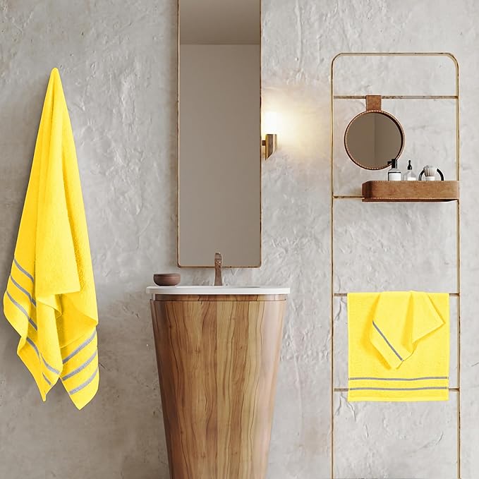 MyOwn Ultra Soft 3 Pack Cotton Towel Set, Contains a Bath Towel 28x55 inch, a Hand Towel 16x24 inch & Wash Coth 12x12 inch, Ideal Everyday use, Compact & Lightweight - Lime Yellow, 71671