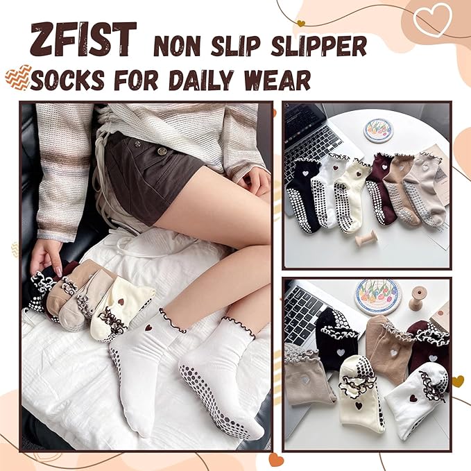 ZFiSt Pilates Socks with Grips for Women,4Pairs Ruffle Yoga Sock Cute Cotton Grippy Socks for Barre Workout Non Slip 5-10in