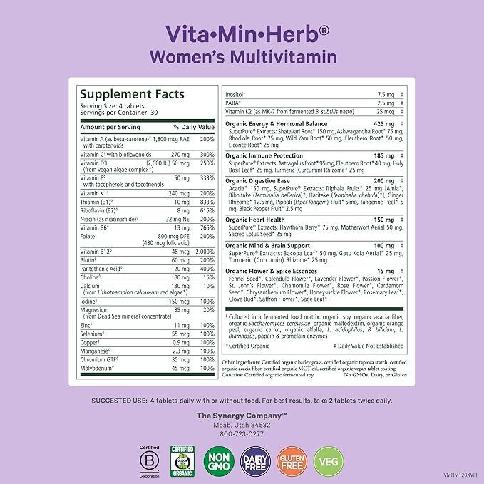 PURE SYNERGY Vita·Min·Herb for Women | Women’s Comprehensive Multivitamin Supplement | Made with Organic Whole Food Non-GMO & Vegan Ingredients | Supports Energy & Immune Health (120 Tablets)