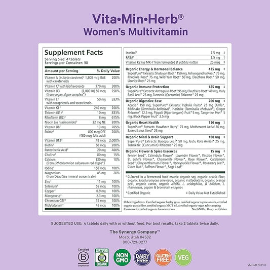 PURE SYNERGY Vita·Min·Herb for Women | Women’s Comprehensive Multivitamin Supplement | Made with Organic Whole Food Non-GMO & Vegan Ingredients | Supports Energy & Immune Health (120 Tablets)