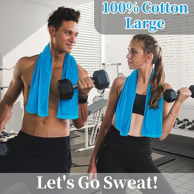 Workout Sweat Towels, Cotton Gym Towels Set of 2, 12"x45" - Absorbent | Breathable | 430GSM | Soft - Sports Towel for Men & Women, Exercise Towel for Yoga, Shower, Tennis, Running & Fitness, Aqua Blue