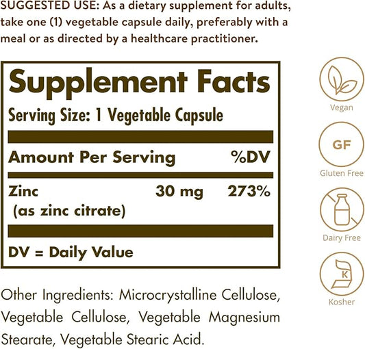 Solgar Zinc Citrate Vegetable Capsules, 100 Count, Non-GMO, Gluten Free, and Kosher, Supports Immune System Health, Healthy Skin and Eyes, Normal Taste and Vision