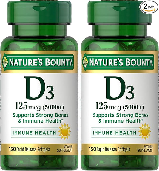 Nature's Bounty Vitamin D3, Immune and Bone Support, 5000IU, Rapid Release Softgels, 150 Ct (Pack of 2)