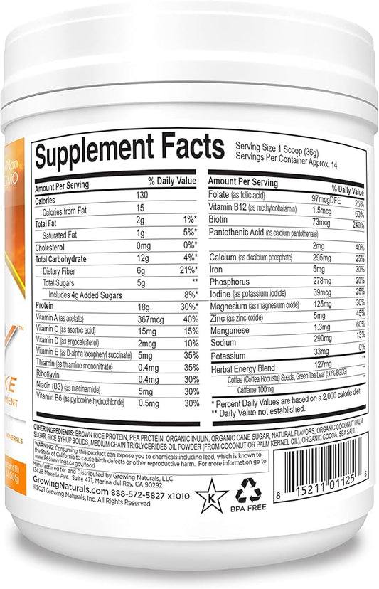 Growing Naturals All Natural Plant Based Protein, One & Done Super Shake, 18g Protein with Non-GMO High Fiber and Gluten Free, A.M. Energy 1 Pound (Pack of 1)