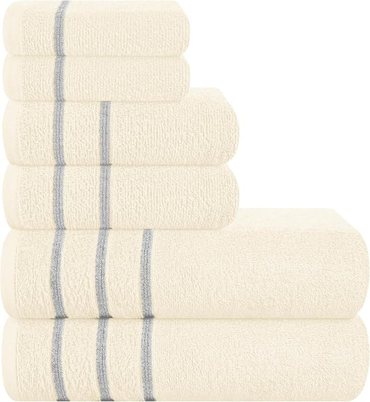 MyOwn Ultra Soft 6 Pack Cotton Towel Set, Contains 2 Bath Towels 28x55 inch, 2 Hand Towels 16x24 inch & 2 Wash Coths 12x12 inch, Ideal Everyday use, Compact & Lightweight - Ivory, 71648