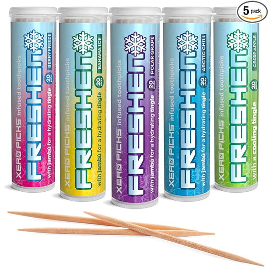 Xero Picks Freshen - Infused Flavored Toothpicks - Cooling Fresh Breath - 100 Picks - 5 Pack - Variety- polar grape, arctic chill, banana ice, berry freeze and crisp apple