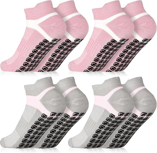 Jspupifip 4 Pairs Non Slip Yoga Socks with Grips for Women Men Pilates Grippy Socks Cotton Barre Hospital Home