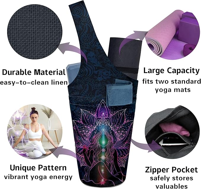 Yoga Mat Bag Carrier for Women with Side Large Pocket Durable Linen Workout Gym Travel Storage Pilates Mats
