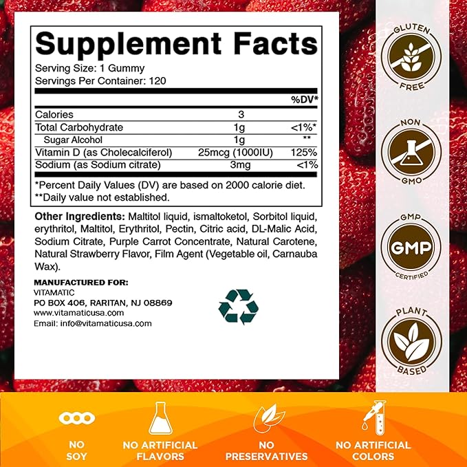 Vitamatic Sugar Free Vitamin D3-120 Pectin Based Gummies - Great Taste - Healthy Bones, Mood & Immune System Function - Non-GMO - 120 Servings (1000 IU)