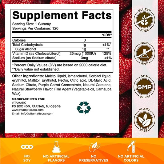 Vitamatic Sugar Free Vitamin D3-120 Pectin Based Gummies - Great Taste - Healthy Bones, Mood & Immune System Function - Non-GMO - 120 Servings (1000 IU)